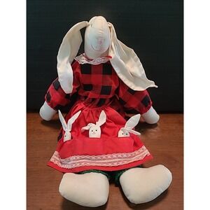 Kurt Adler 1991 Bunny Rabbit Mom & Babies Plush 21" Christmas Colors Red Green